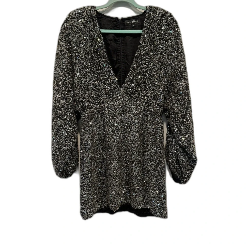 NWOT Retrofete Dress Full Sequin Summer Party Black Long Sleeve Women sz Large - Picture 2 of 12